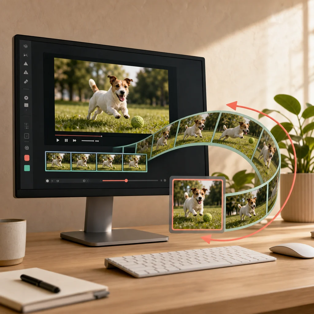 Video frames emerging from an editing screen and curling into a repeating loop