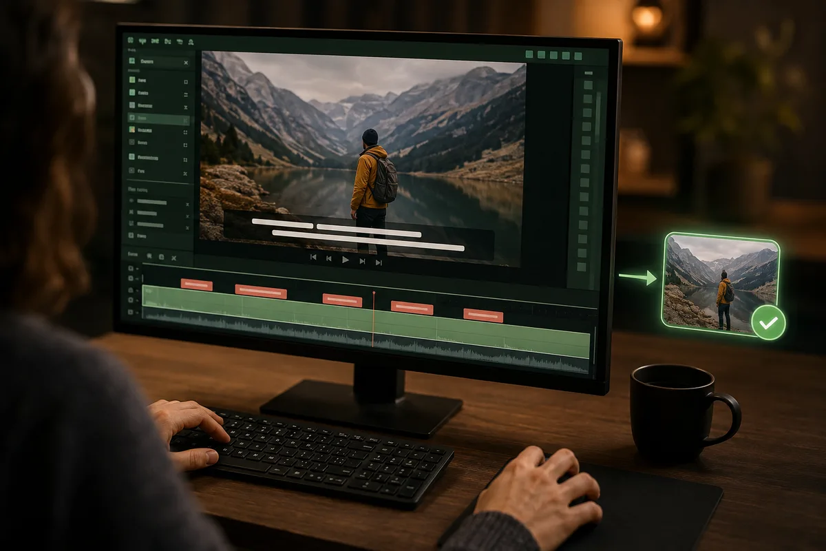 A creator timing caption bars on a video editing screen before exporting the finished MP4