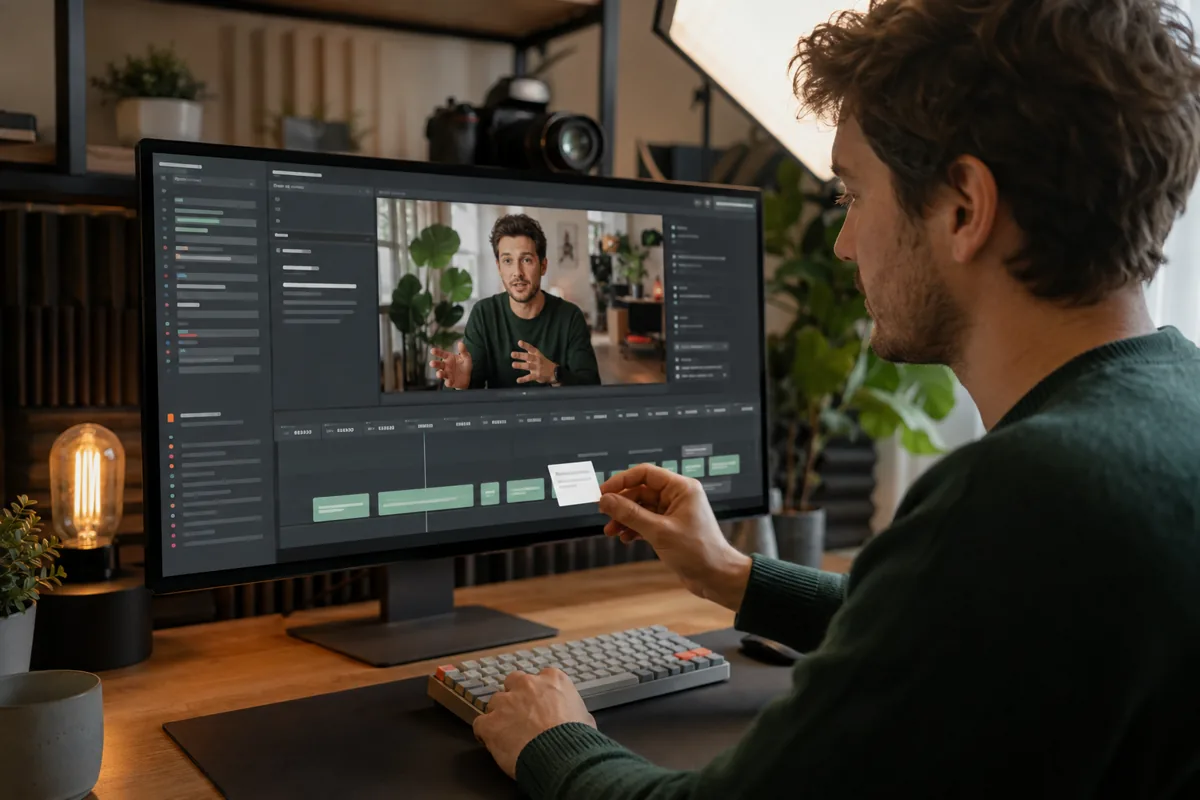 A video creator reviewing a timed caption track in a publishing workspace