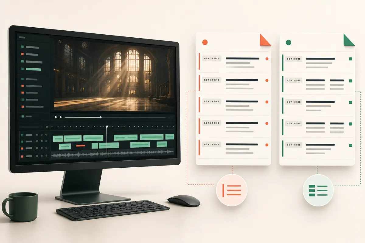 A computer video editor beside organized caption documents