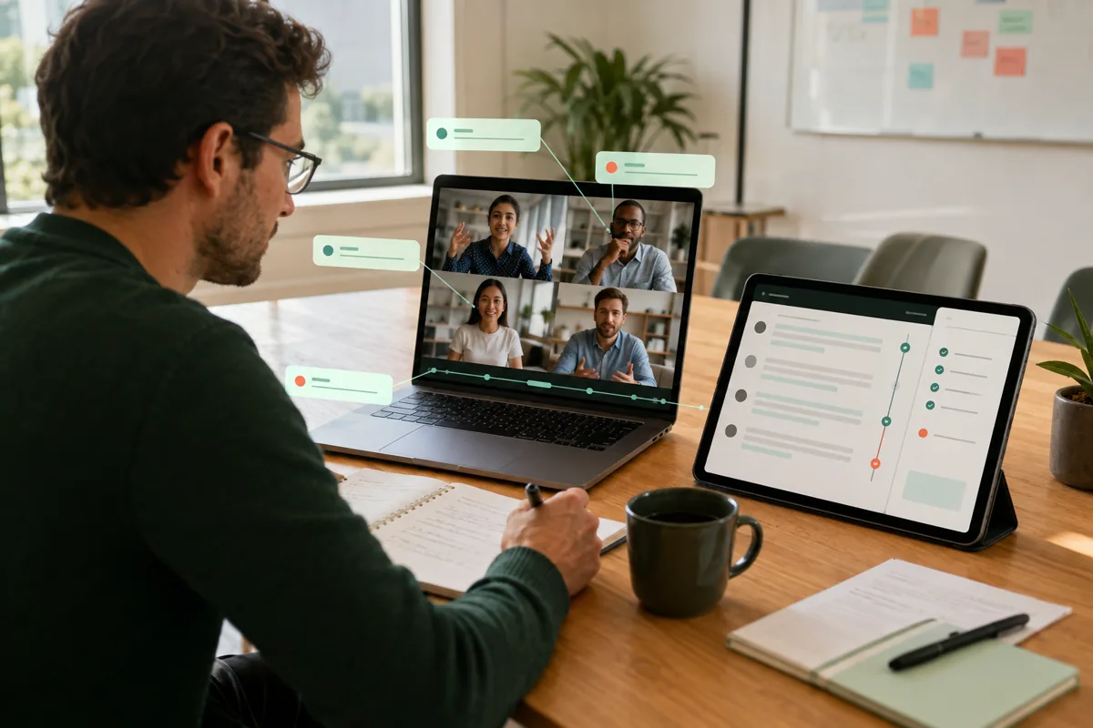 A meeting organizer reviewing a recorded video call alongside an organized caption timeline