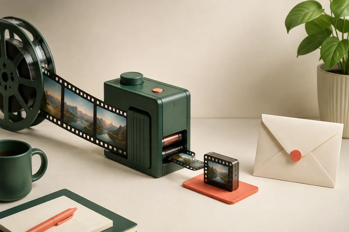 A large filmstrip passing through a compressor and emerging as a small email-ready attachment