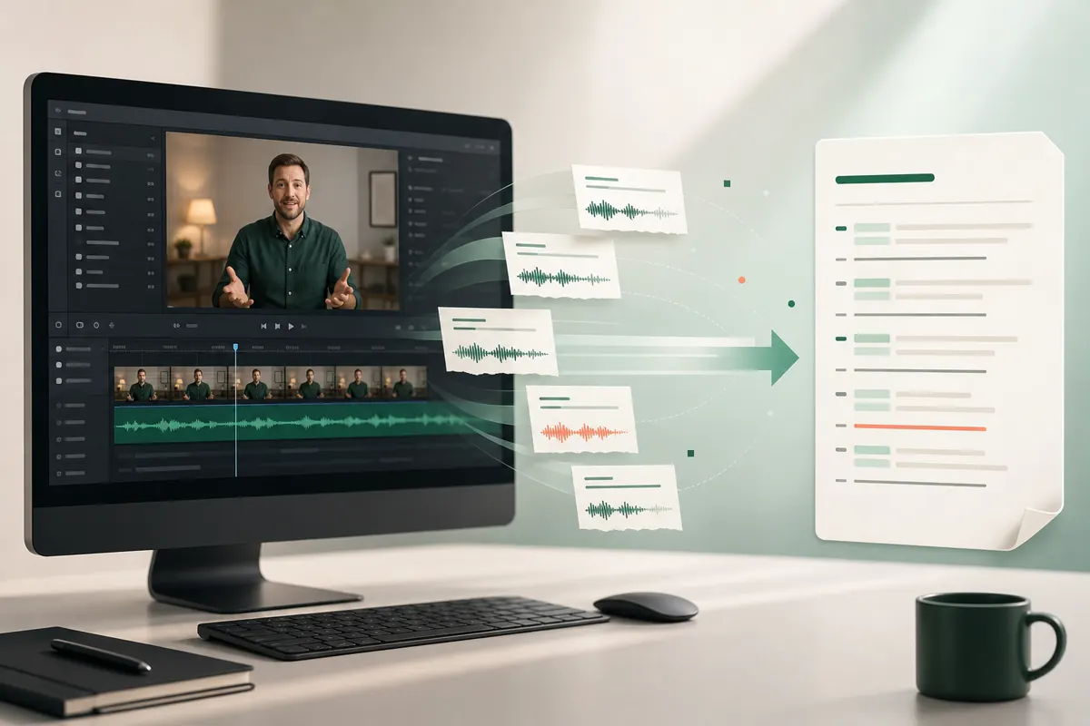A video editing screen sending timed speech into a caption document