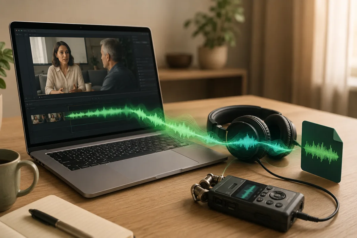 A green audio waveform flowing from a video on a laptop toward headphones and an audio file