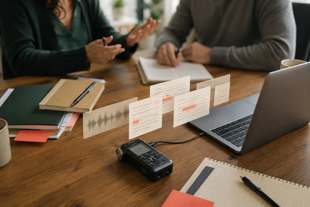 A meeting recording becoming an organized transcript beside a laptop and audio recorder